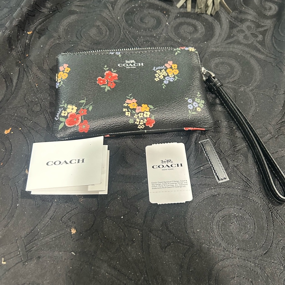 Coach Black Floral Zip Pouch with Multicolor Blooms